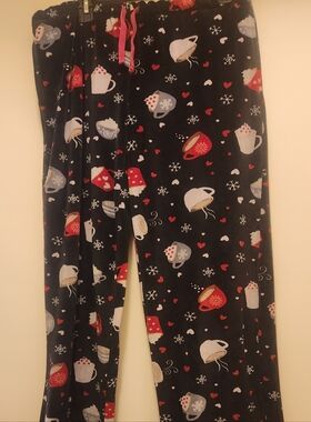 Black Fleece Pajama Pants with Hot Cocoa Cup Print, Women's Large